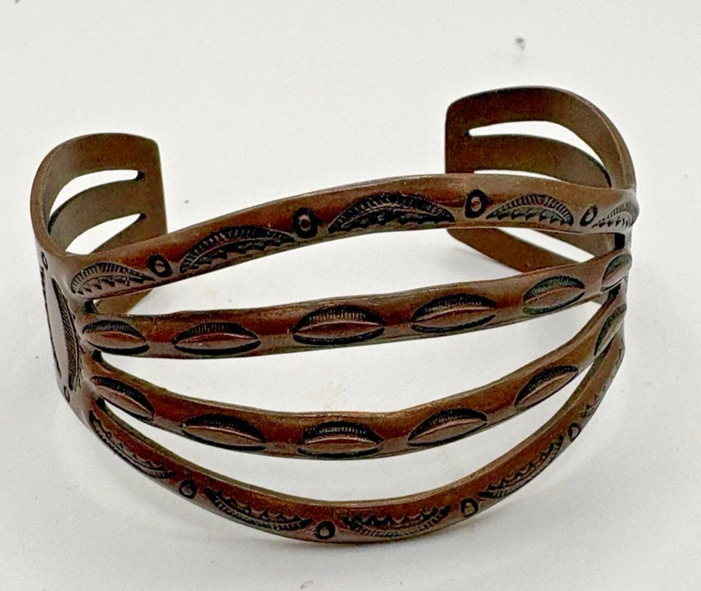 Vintage Copper Southwest Stamped Design Cuff Bracelet Adjustable